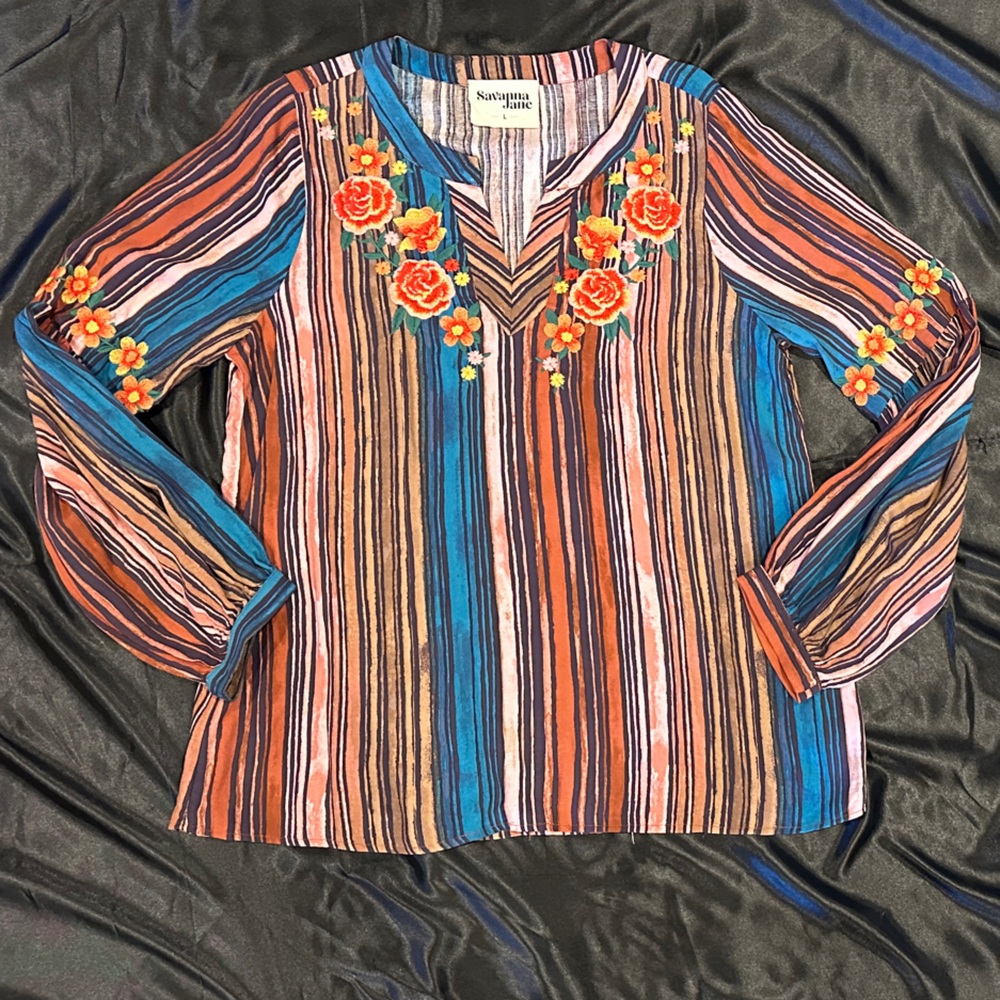 Johnny Was Multicolor Striped Embroidered Blouse
